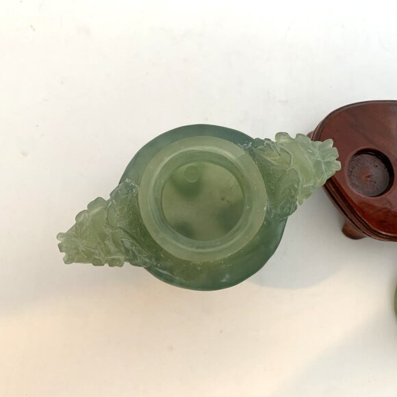 Chinese Nephrite Jade Censer w/Lid & Wood Stand Hand Carved Dragon Handles 3.5" - Picture 11 of 14